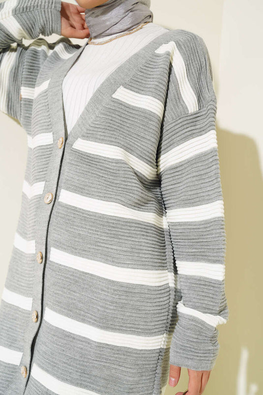 Striped Ribbed Oversized Knit Cardigan Gray