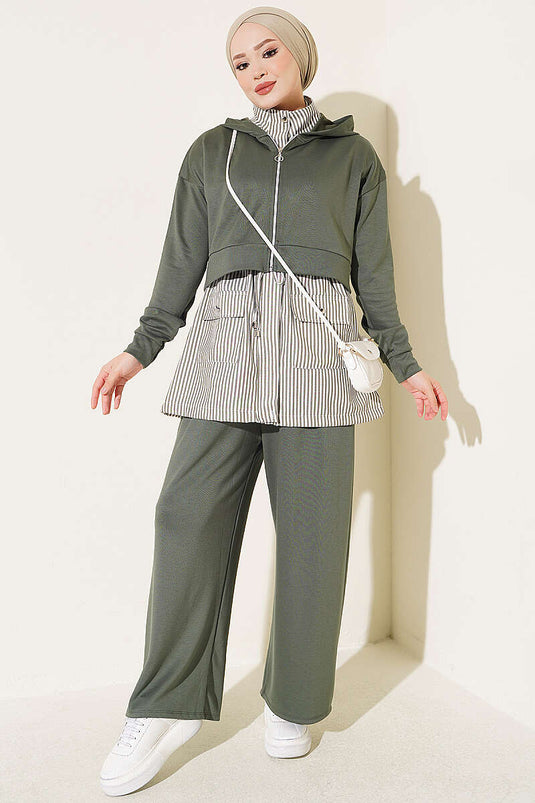 Ensemble À Capuche Rayé En Kaki