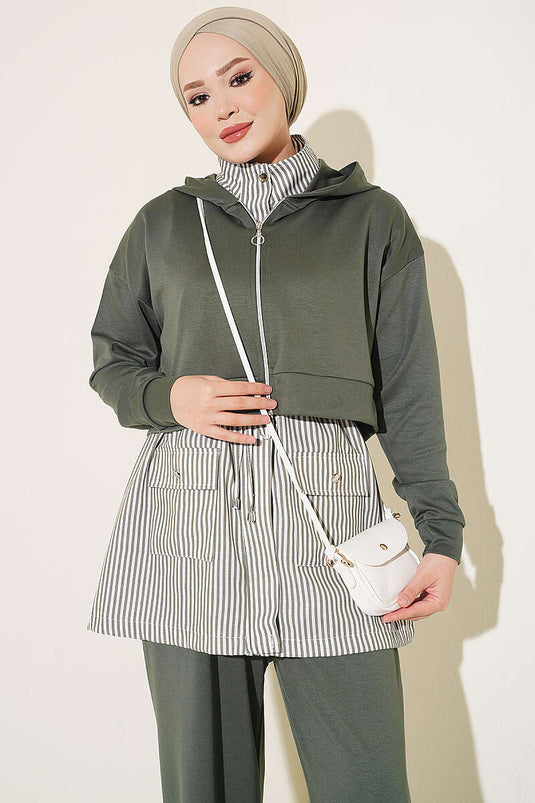Ensemble À Capuche Rayé En Kaki