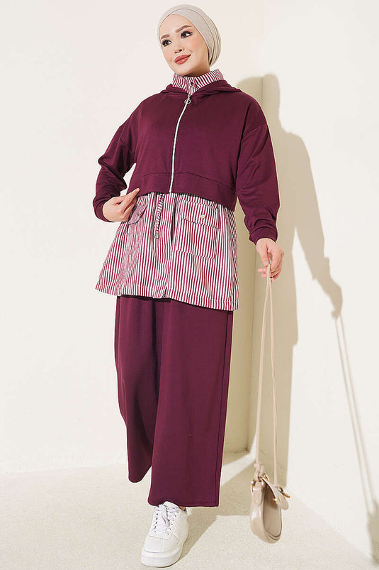 Ensemble À Capuche Rayé En Aubergine