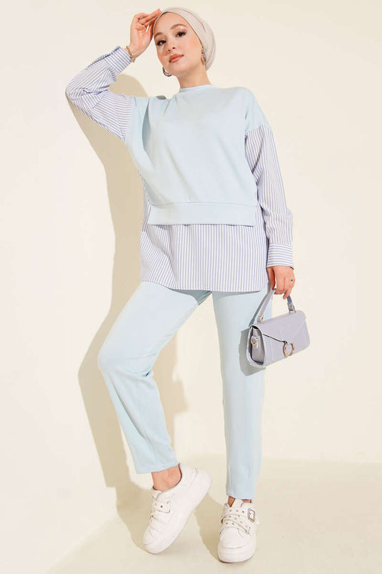 Striped Garnished Tunic Two Piece Set Baby Blue