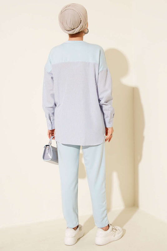 Striped Garnished Tunic Two Piece Set Baby Blue