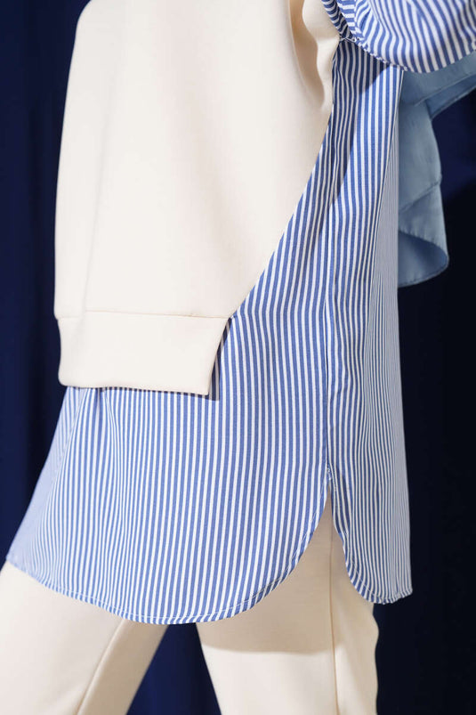 Gestreepte tuniek met garnering, tweedelig, ecru