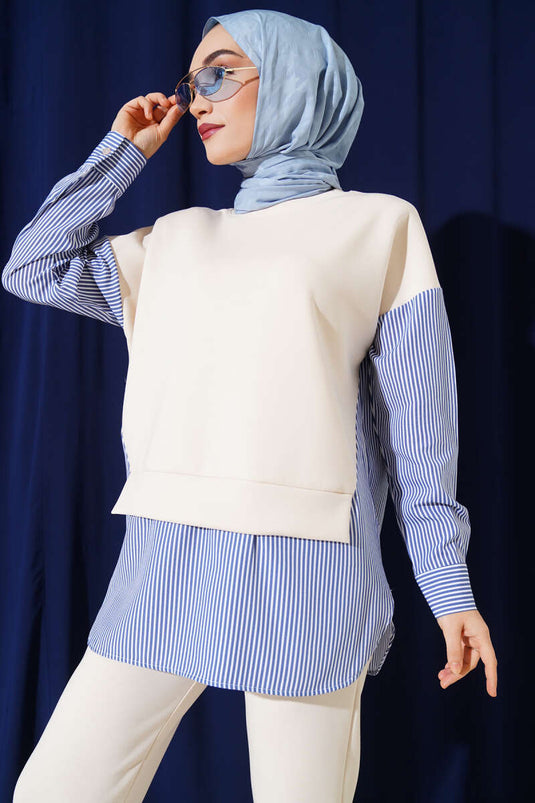 Gestreepte tuniek met garnering, tweedelig, ecru