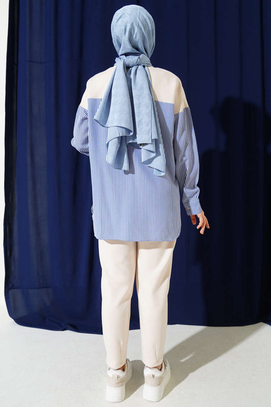 Gestreepte tuniek met garnering, tweedelig, ecru