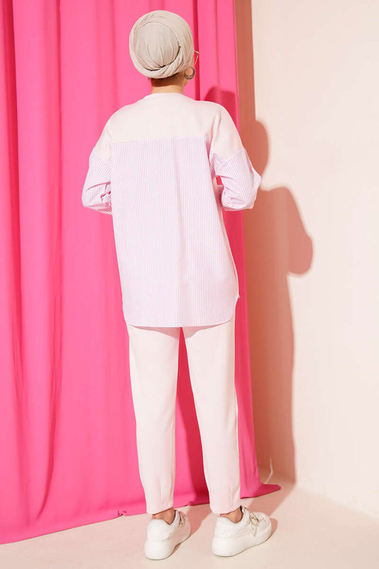 Striped Garnished Tunic Two Piece Set Pink