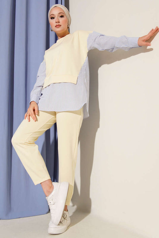 Striped Garnished Tunic Two Piece Set Yellow