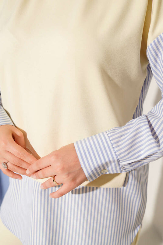 Striped Garnished Tunic Two Piece Set Yellow