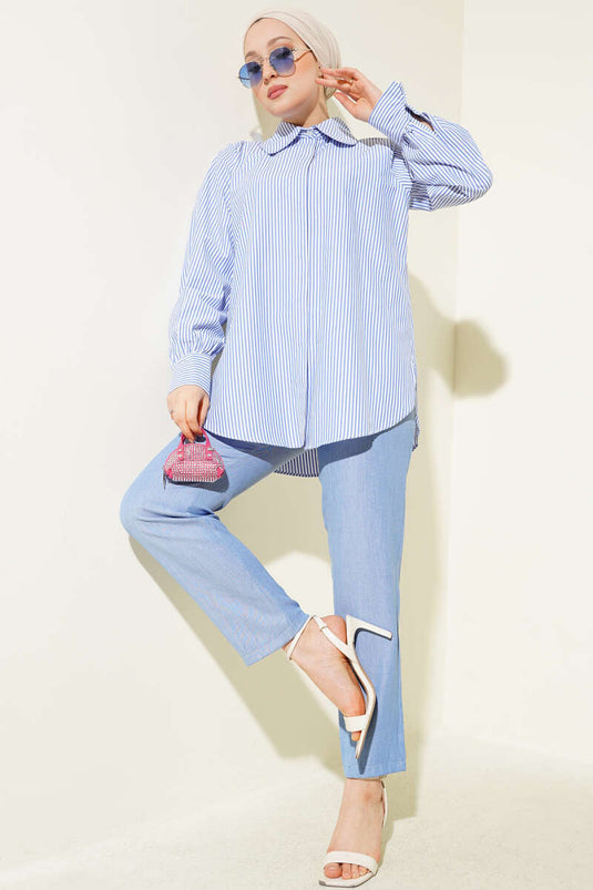 Gestreepte tuniek met verborgen knopen, tweedelige set, ijsblauw