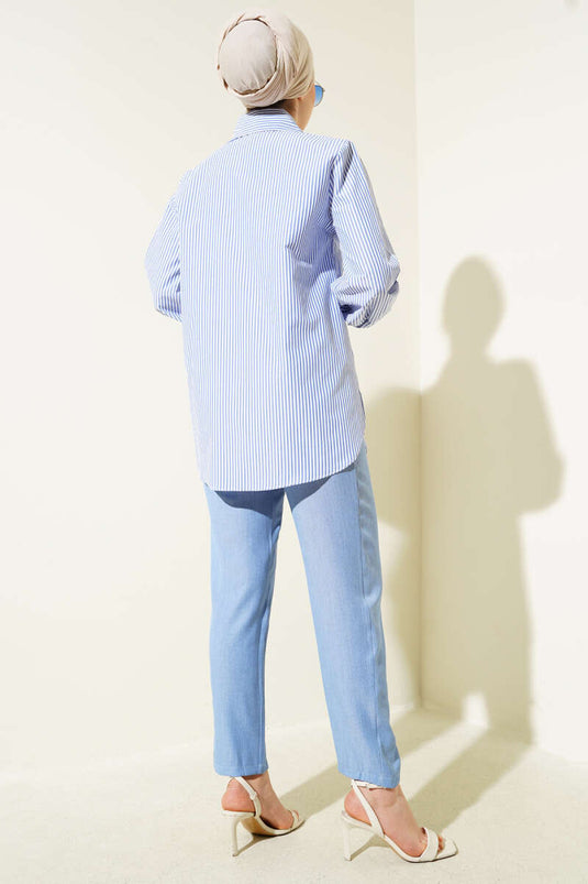 Gestreepte tuniek met verborgen knopen, tweedelige set, ijsblauw