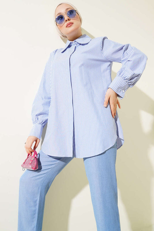 Gestreepte tuniek met verborgen knopen, tweedelige set, ijsblauw