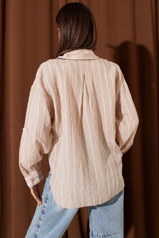 Striped Chest Pocket Loose Shirt Beige