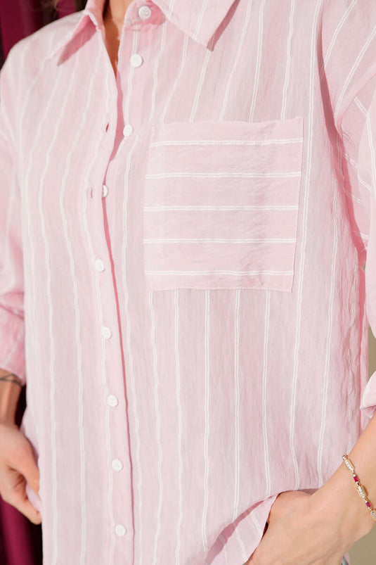 Striped Chest Pocket Loose Shirt Pink
