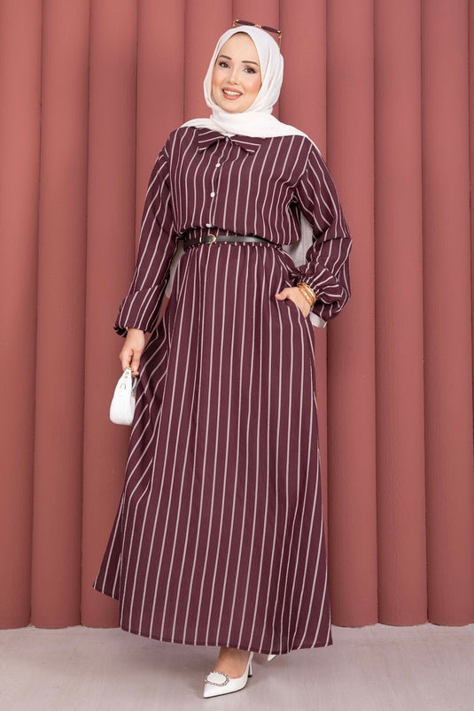 Ensemble deux pièces chemise rayée et jupe bordeaux