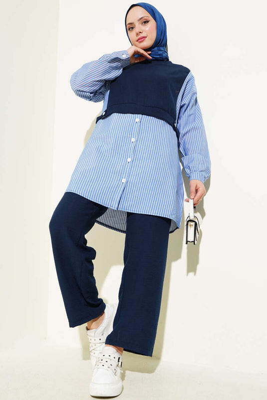 بدلة مكونة من قطعتين بقميص مخطط مزين بأزرار باللون الأزرق الداكن