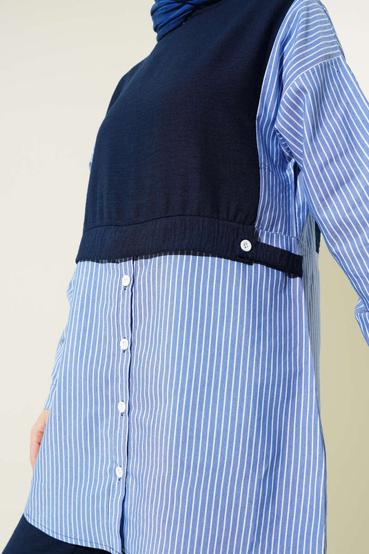 بدلة مكونة من قطعتين بقميص مخطط مزين بأزرار باللون الأزرق الداكن