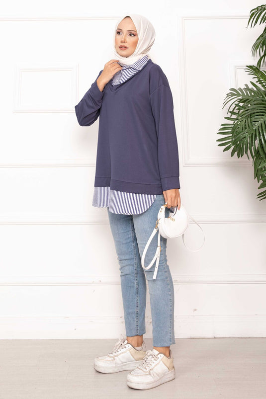 Çizgili Gömlek Garnili Tunik Gri