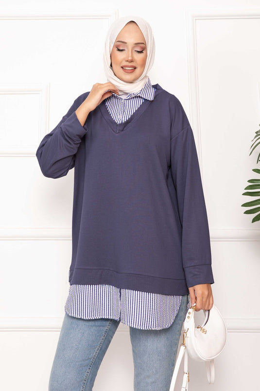 قميص مخطط مزين بقميص رمادي