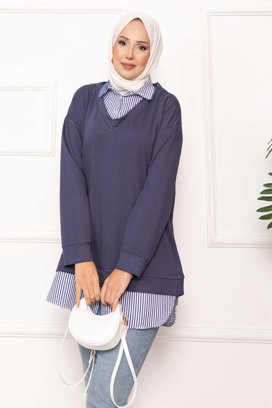 قميص مخطط مزين بقميص رمادي