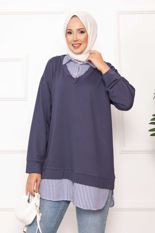 Çizgili Gömlek Garnili Tunik Gri