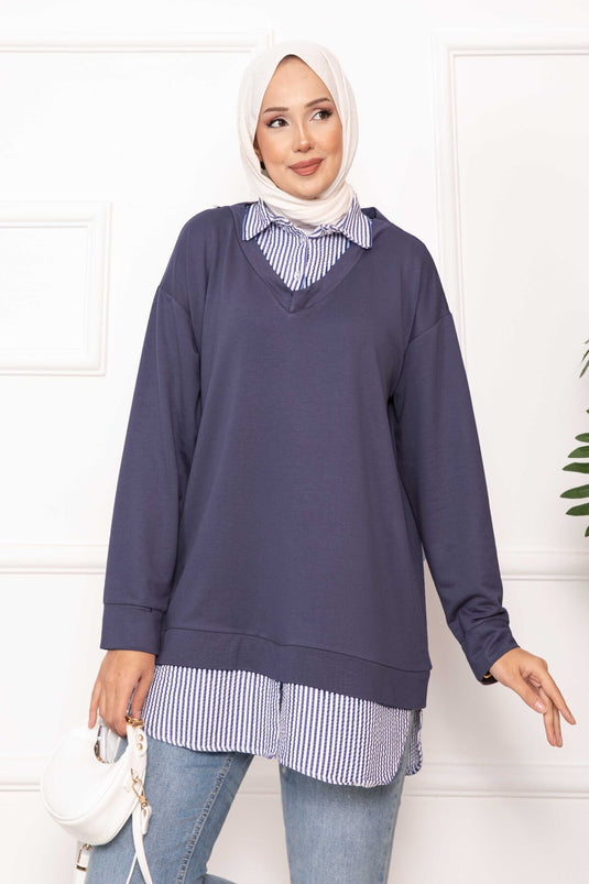 Çizgili Gömlek Garnili Tunik Gri