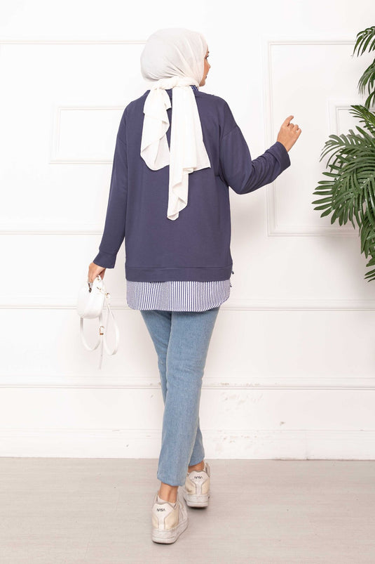 Çizgili Gömlek Garnili Tunik Gri