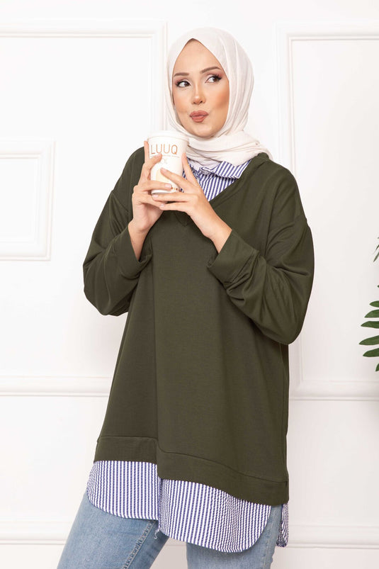 قميص مخطط مزين بتونيك كاكي