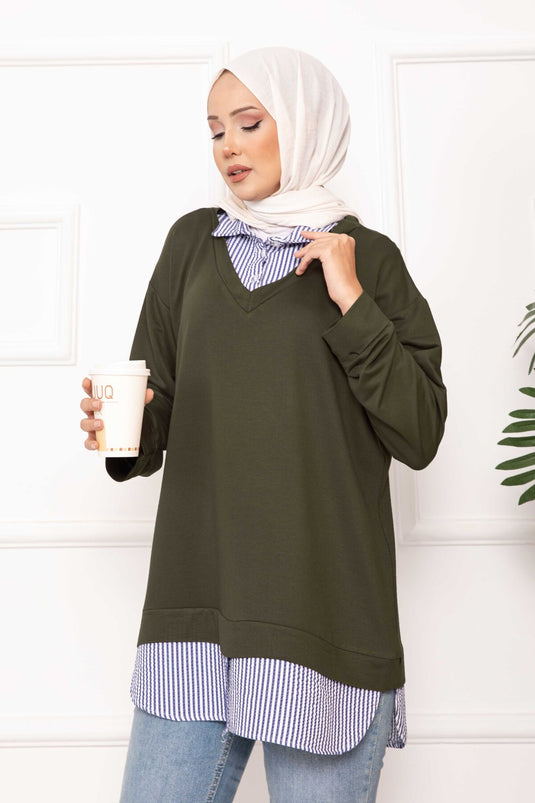 قميص مخطط مزين بتونيك كاكي