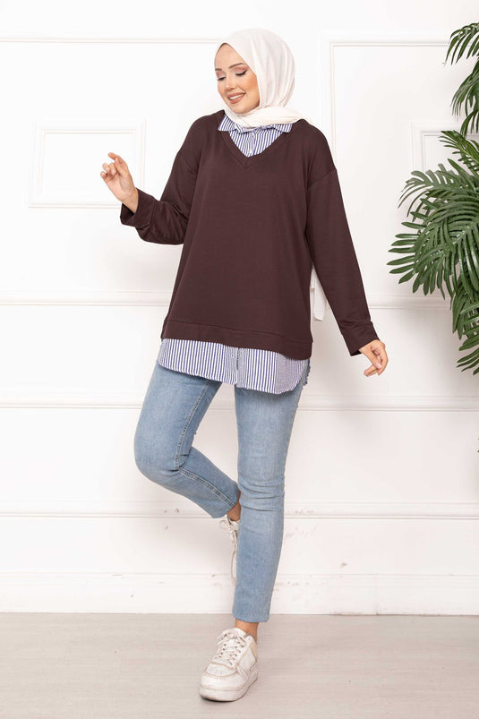 Çizgili Gömlek Garnili Tunik Kahve