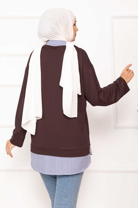 Çizgili Gömlek Garnili Tunik Kahve