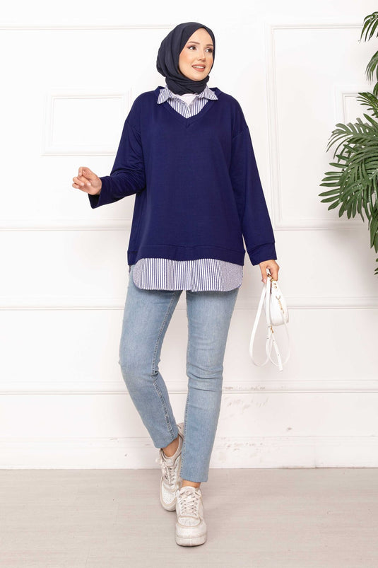 Çizgili Gömlek Garnili Tunik Lacivert
