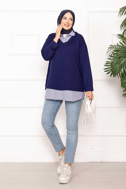 Çizgili Gömlek Garnili Tunik Lacivert