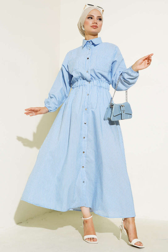 Robe Rayée Col Chemise Bleu Glace