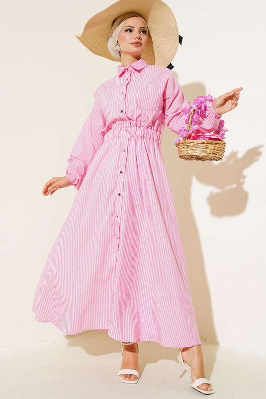 Robe Col Chemise Rayée Rose