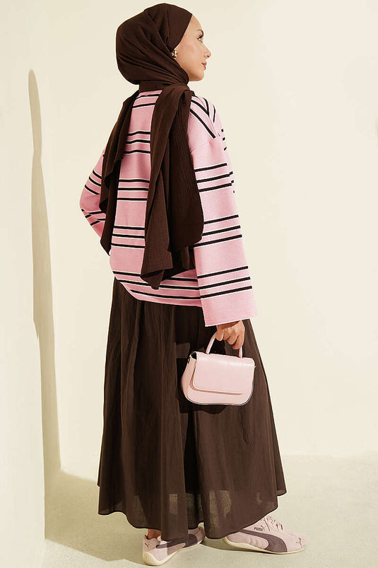 Gestreepte Dubbelgaren Geborduurde Tuniek Roze
