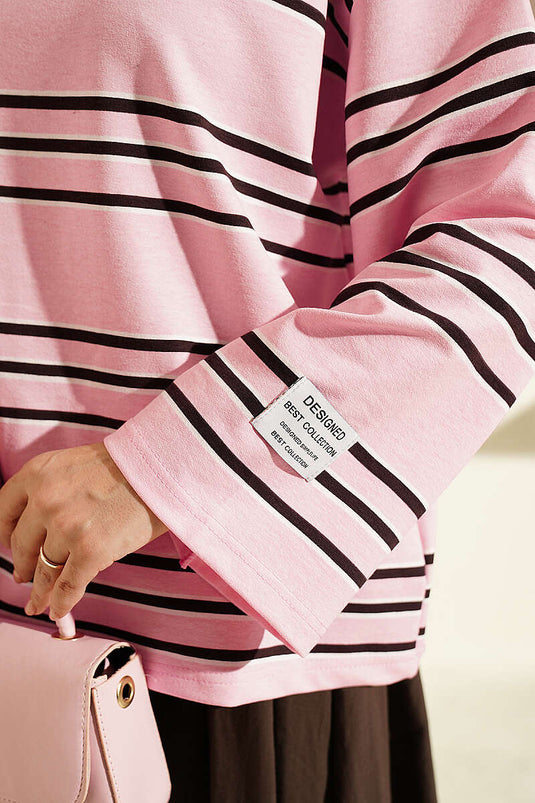 Gestreepte Dubbelgaren Geborduurde Tuniek Roze