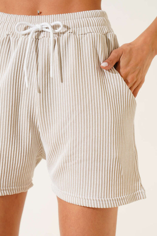 Striped Drawstring Shorts, Beige