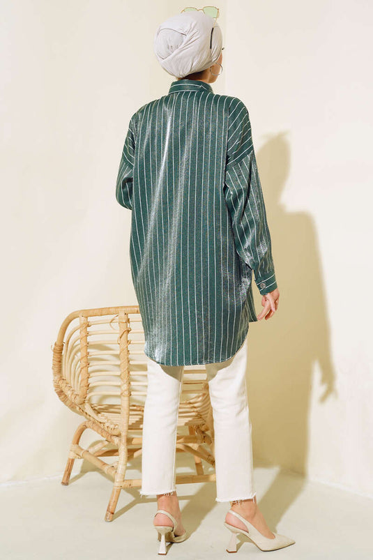 Çizgili Jakar Oversize Gömlek Zümrüt