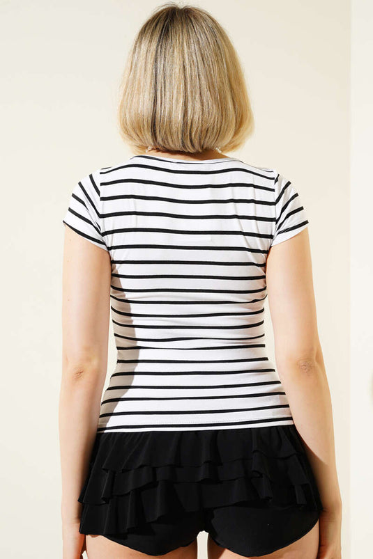 Gestreept T-shirt met vierkante hals, wit