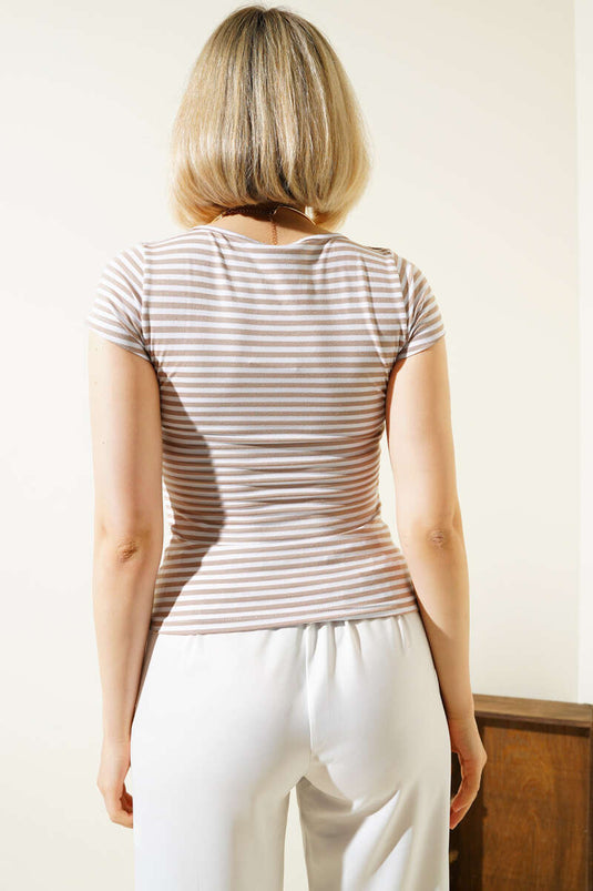 Striped Square Neck T-Shirt Latte