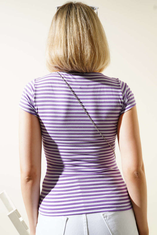 Çizgili Kare Yaka T-Shirt Lila