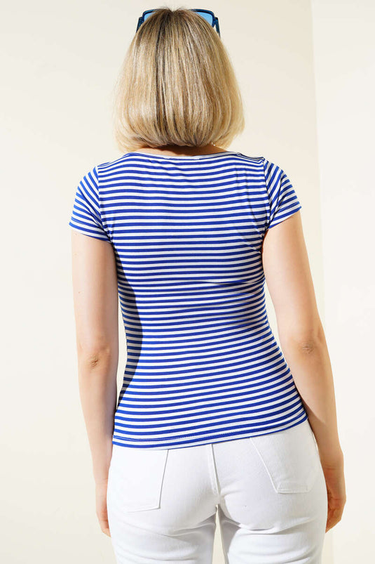 T-shirt rayé à col carré bleu saxon