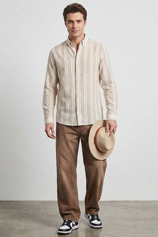 Gestreiftes Leinen-Herrenhemd Beige