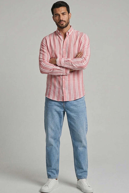 Striped Linen Men's Shirt Red