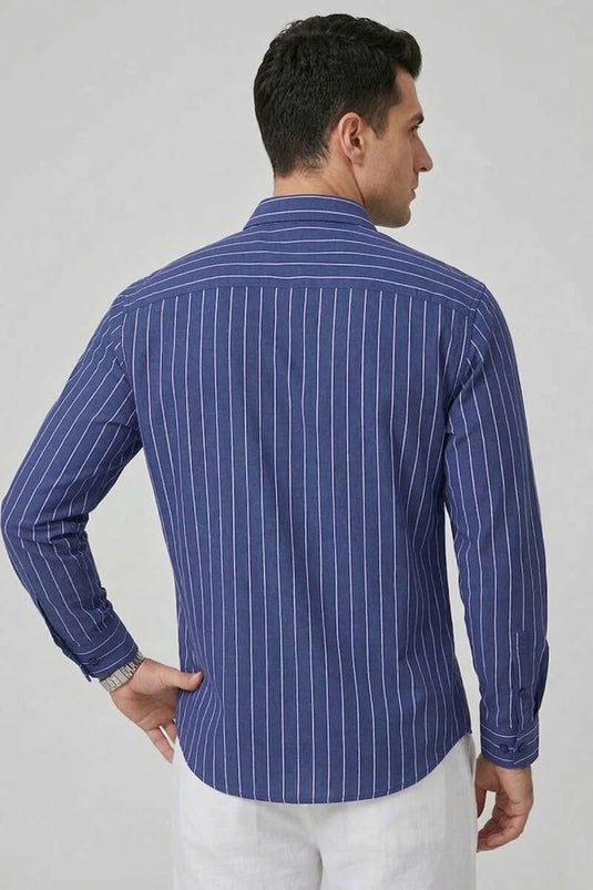 Çizgili Keten Oversize Erkek Gömlek Lacivert