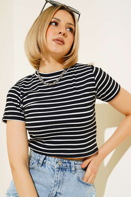 Gestreepte crop top met korte mouwen, zwart