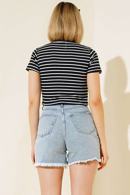 Gestreepte crop top met korte mouwen, zwart