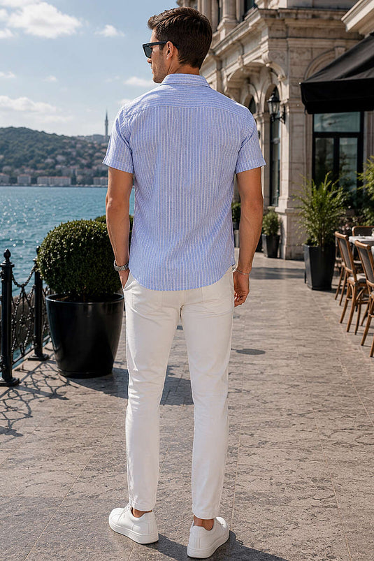 Çizgili Kısa Kol Slim Fit Erkek Gömlek Mavi