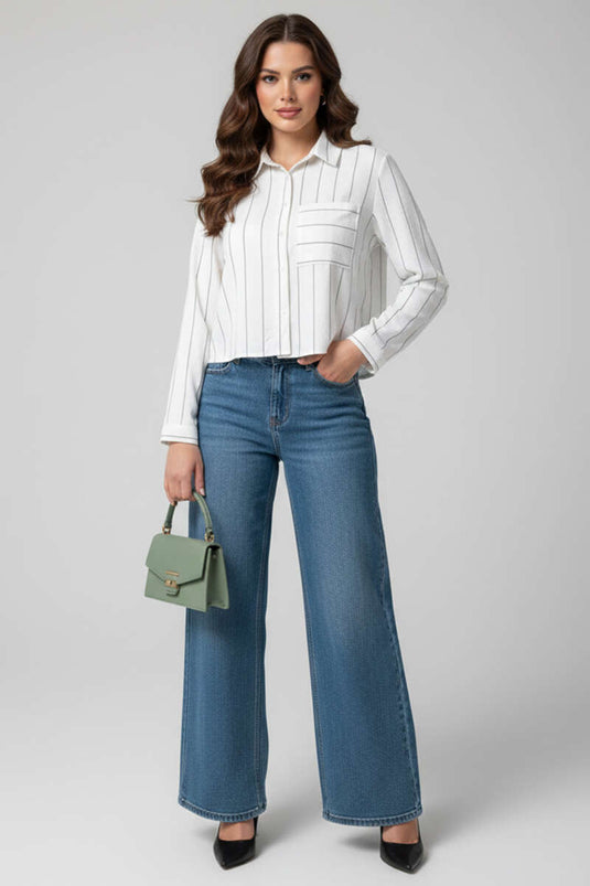 Striped Sleeve Folded Short Shirt White Gray