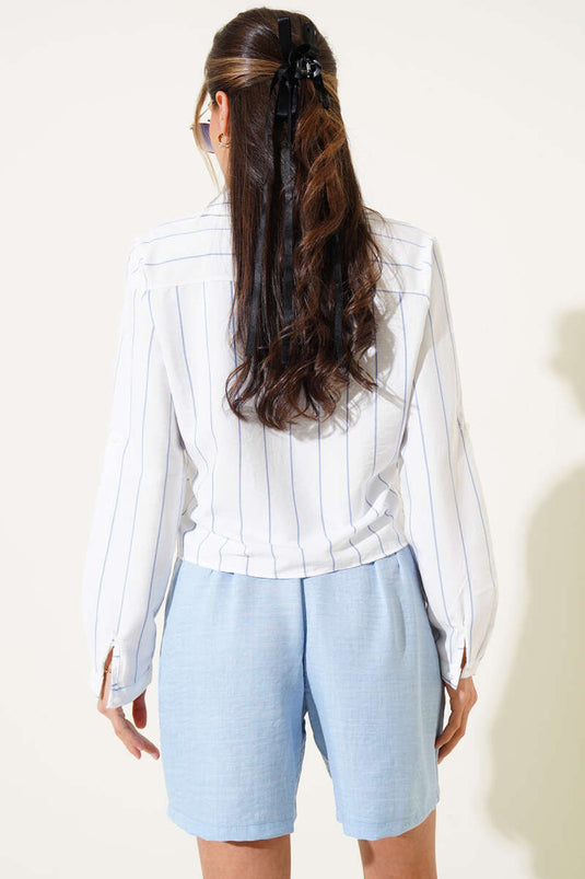 Chemisette plissée rayée blanche et bleue